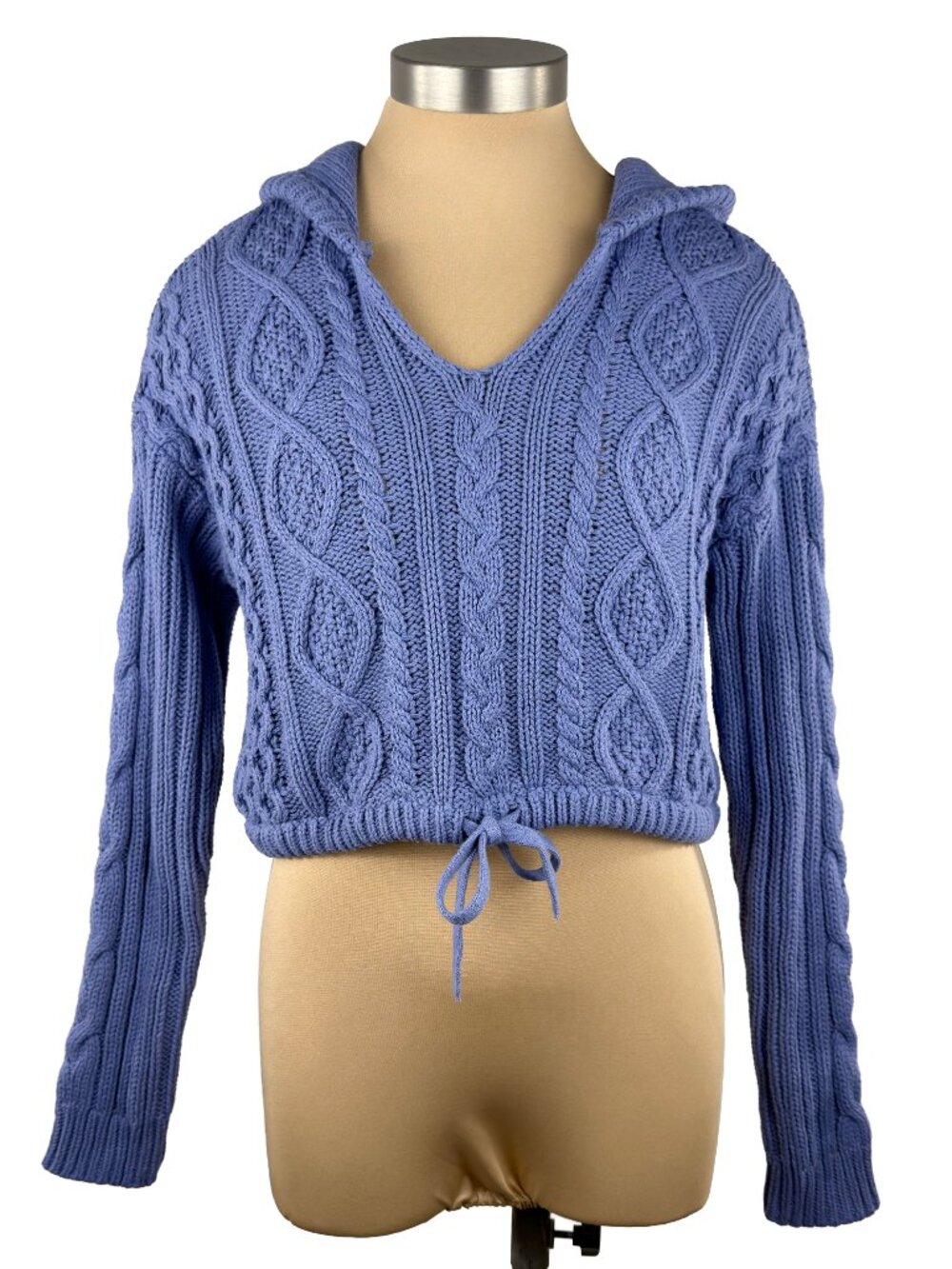 Aeropostale Women Small Cropped Sweater Violet Blue Cable Knit Hooded Drawstring